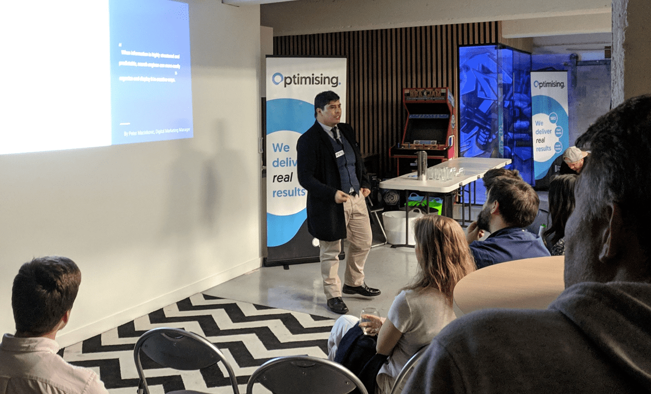 Peter Macinkovic presenting about Schema at the SEO Melbourne Meetup
